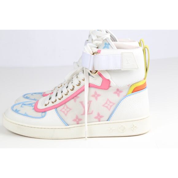 Louis Vuitton Lace Up Boombox High Top Sneakers Blue Pink White Leather LV Sz 37 - Picture 8 of 15